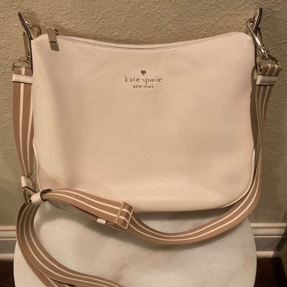 kate spade Pebble Leather Crossbody in Light Pink with Tan Stripe Strap